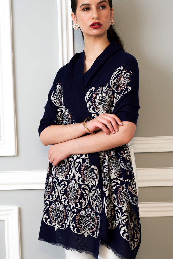 Floral Crest Embroidered Wool Silk Stole